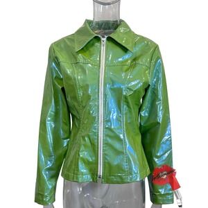 Y2K Vintage Vinyl Jacket Women Medium Neon Green Zip‎ Up Shiny Futuristic